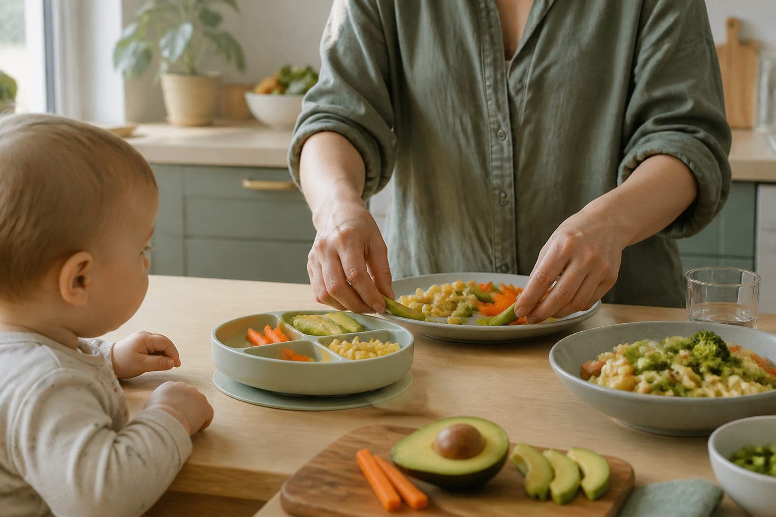 Hands plating colourful family and baby foods on a kitchen table